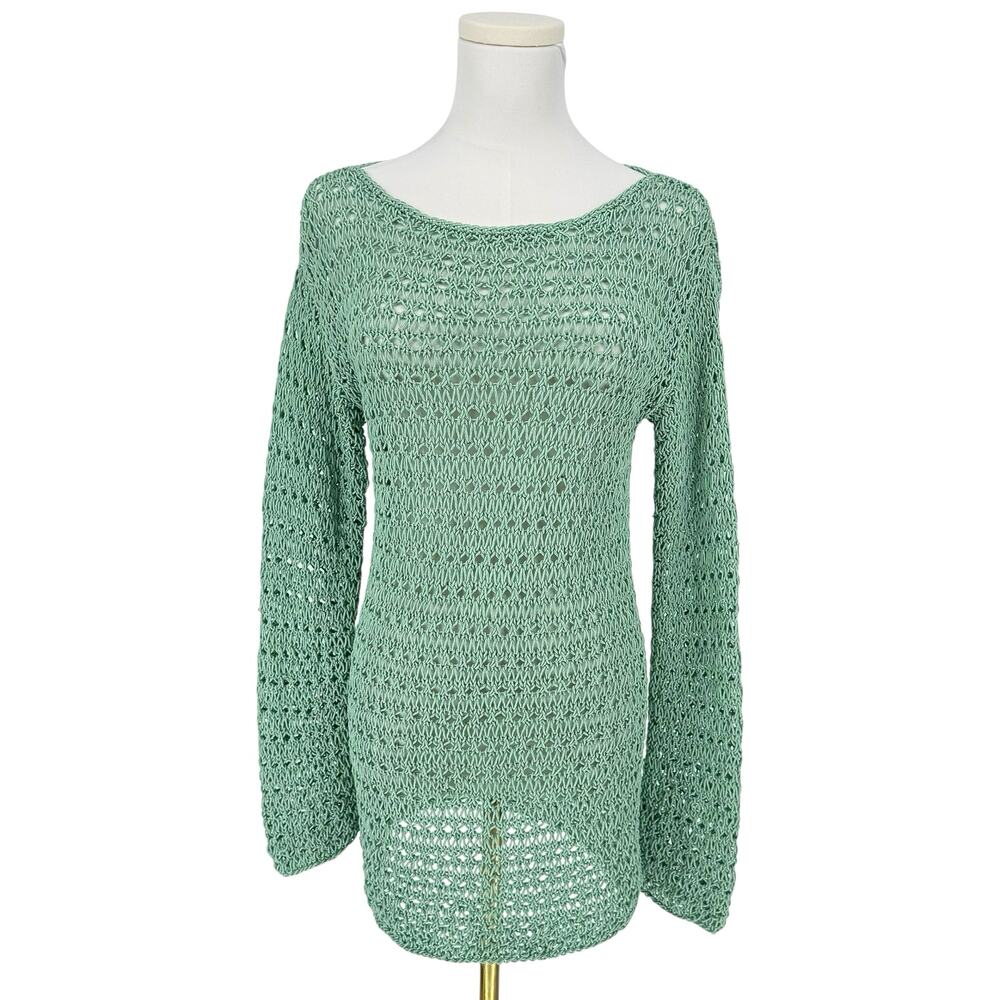 Y2K Vintage Coastal Boho Mint Green Crochet Tunic Open Knit Mid-Length Fits S-M